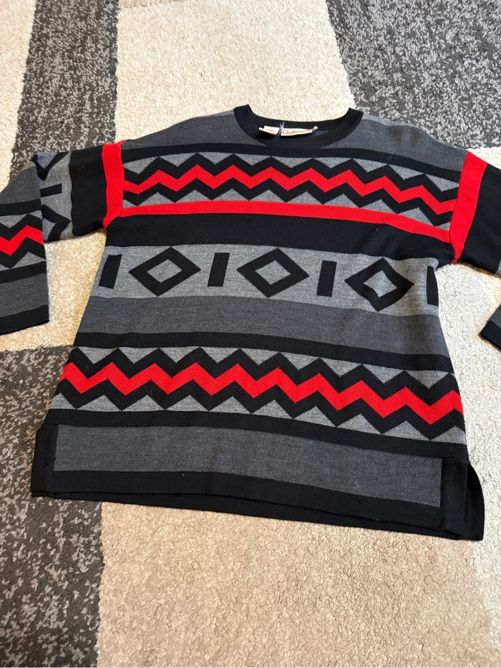 Rafaella Petites Women’s  Black Sweater with Red/Grey and black pattern- Medium